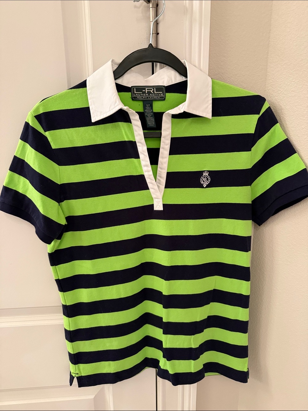 Lauren Ralph Lauren Green and Navy Striped Polo Top